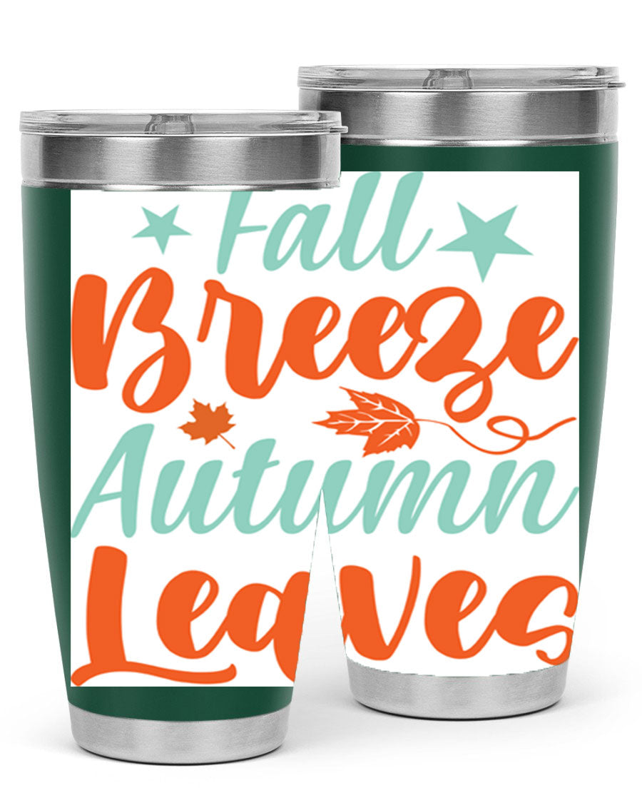 FallBreezeAutumnLeaves 20oz tumbler featuring autumn leaves design, double wall vacuum stainless steel construction, and a drink-thru lid.