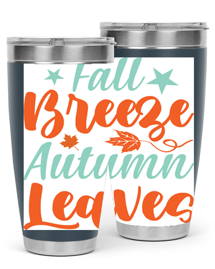 FallBreezeAutumnLeaves 20oz tumbler featuring autumn leaves design, double wall vacuum stainless steel construction, and a drink-thru lid.