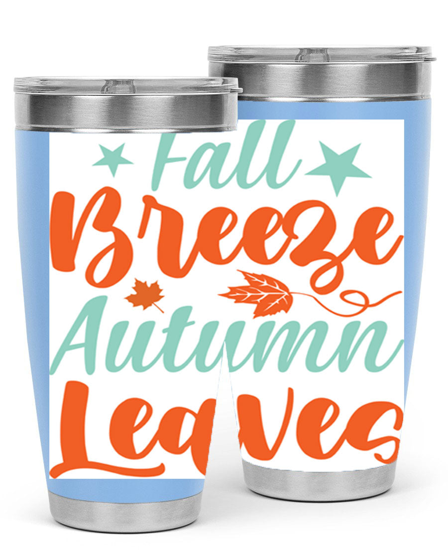FallBreezeAutumnLeaves 20oz tumbler featuring autumn leaves design, double wall vacuum stainless steel construction, and a drink-thru lid.