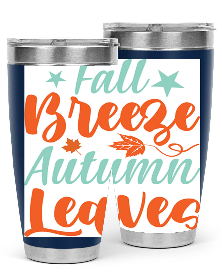FallBreezeAutumnLeaves 20oz tumbler featuring autumn leaves design, double wall vacuum stainless steel construction, and a drink-thru lid.