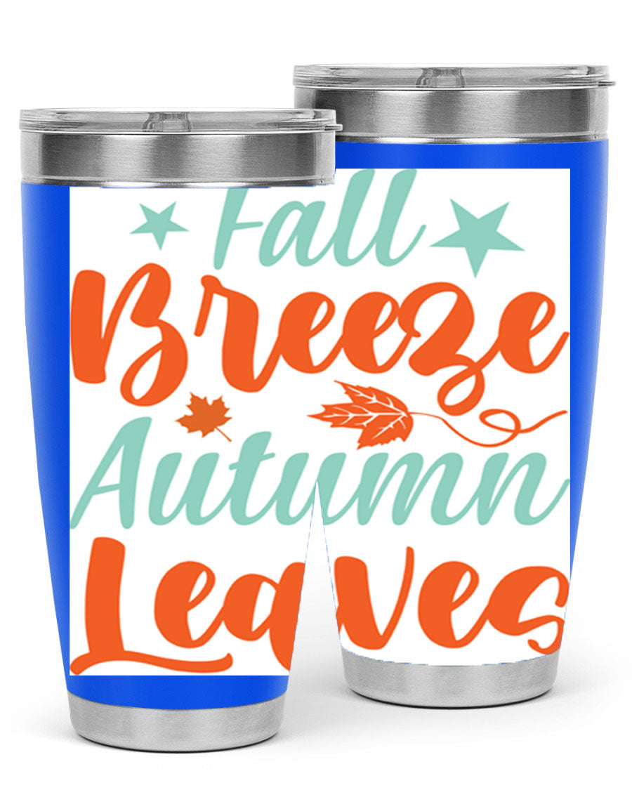 FallBreezeAutumnLeaves 20oz tumbler featuring autumn leaves design, double wall vacuum stainless steel construction, and a drink-thru lid.