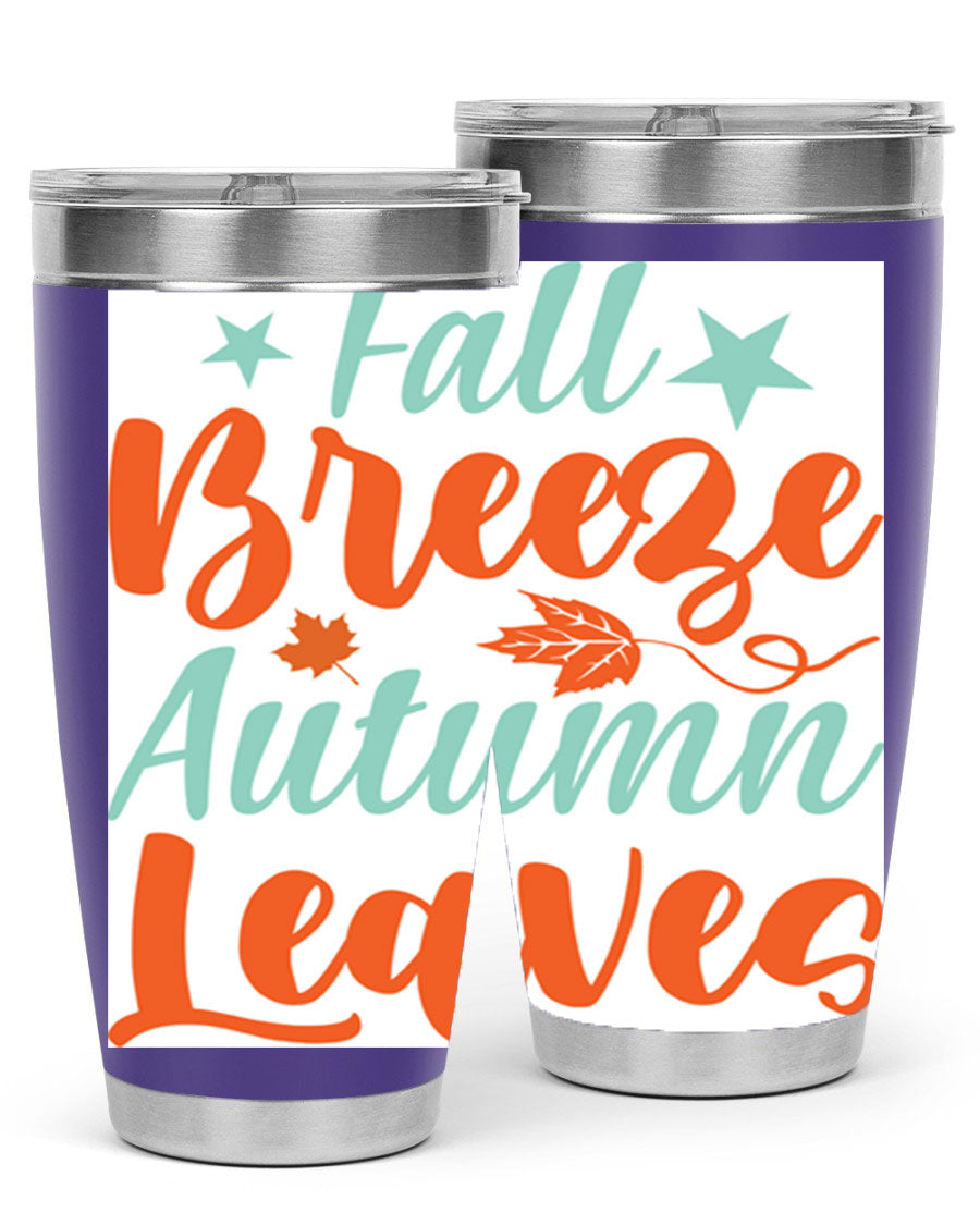 FallBreezeAutumnLeaves 20oz tumbler featuring autumn leaves design, double wall vacuum stainless steel construction, and a drink-thru lid.