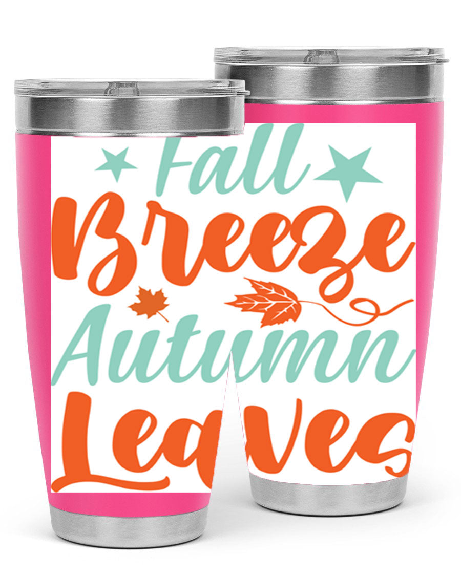FallBreezeAutumnLeaves 20oz tumbler featuring autumn leaves design, double wall vacuum stainless steel construction, and a drink-thru lid.