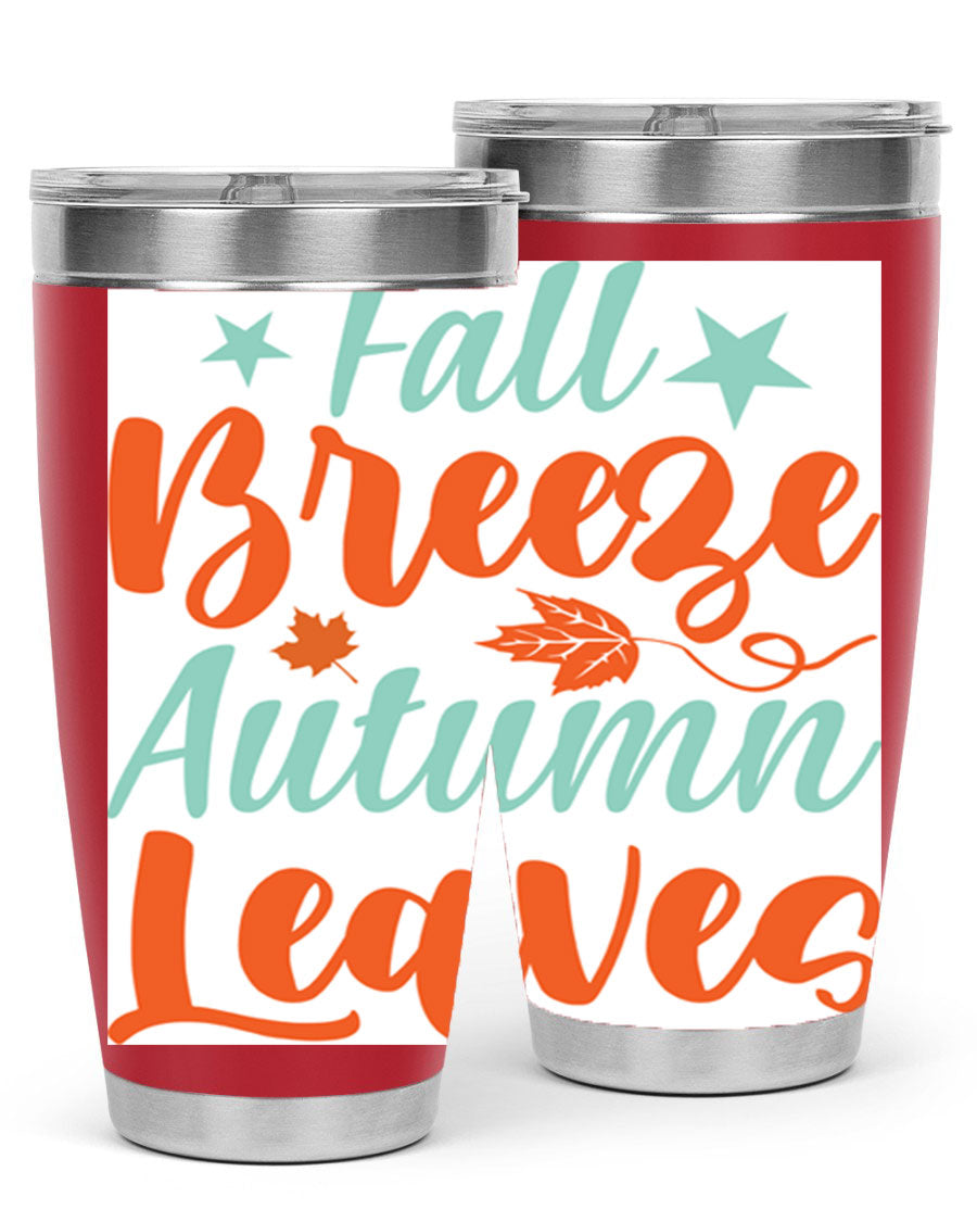 FallBreezeAutumnLeaves 20oz tumbler featuring autumn leaves design, double wall vacuum stainless steel construction, and a drink-thru lid.
