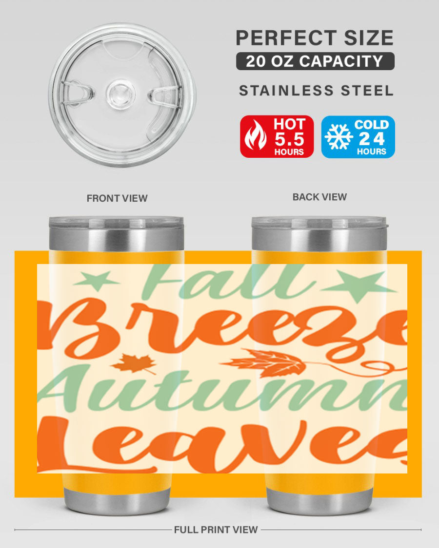 FallBreezeAutumnLeaves 20oz tumbler featuring autumn leaves design, double wall vacuum stainless steel construction, and a drink-thru lid.
