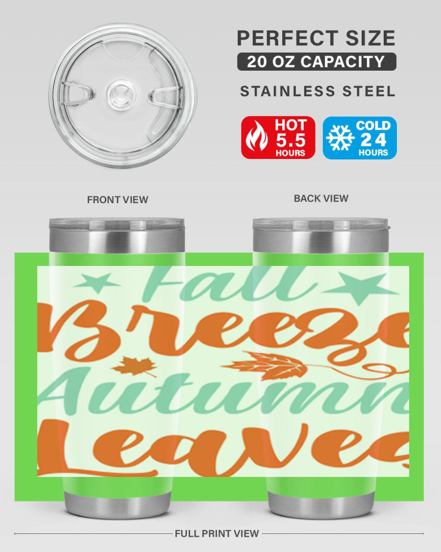 FallBreezeAutumnLeaves 20oz tumbler featuring autumn leaves design, double wall vacuum stainless steel construction, and a drink-thru lid.
