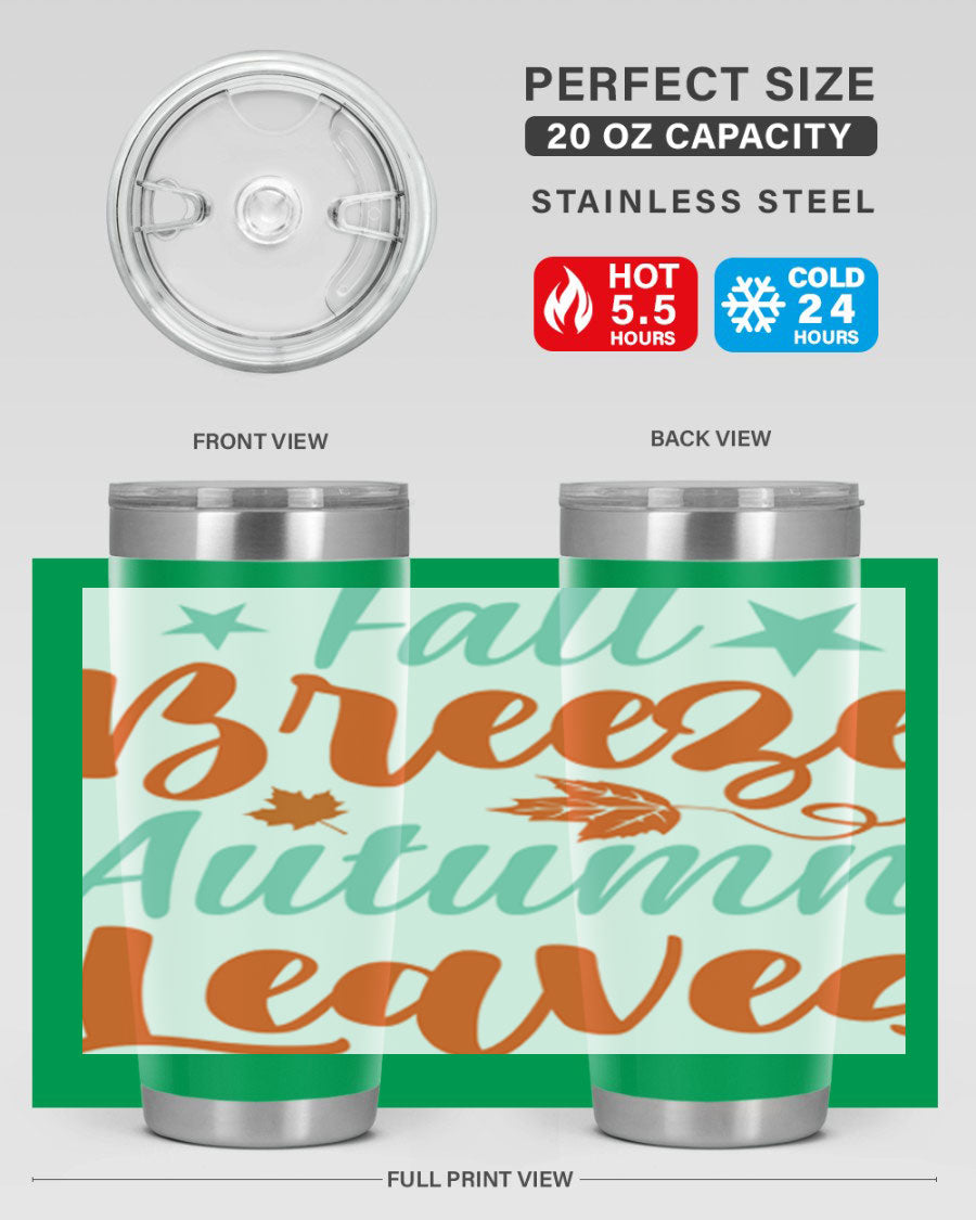 FallBreezeAutumnLeaves 20oz tumbler featuring autumn leaves design, double wall vacuum stainless steel construction, and a drink-thru lid.