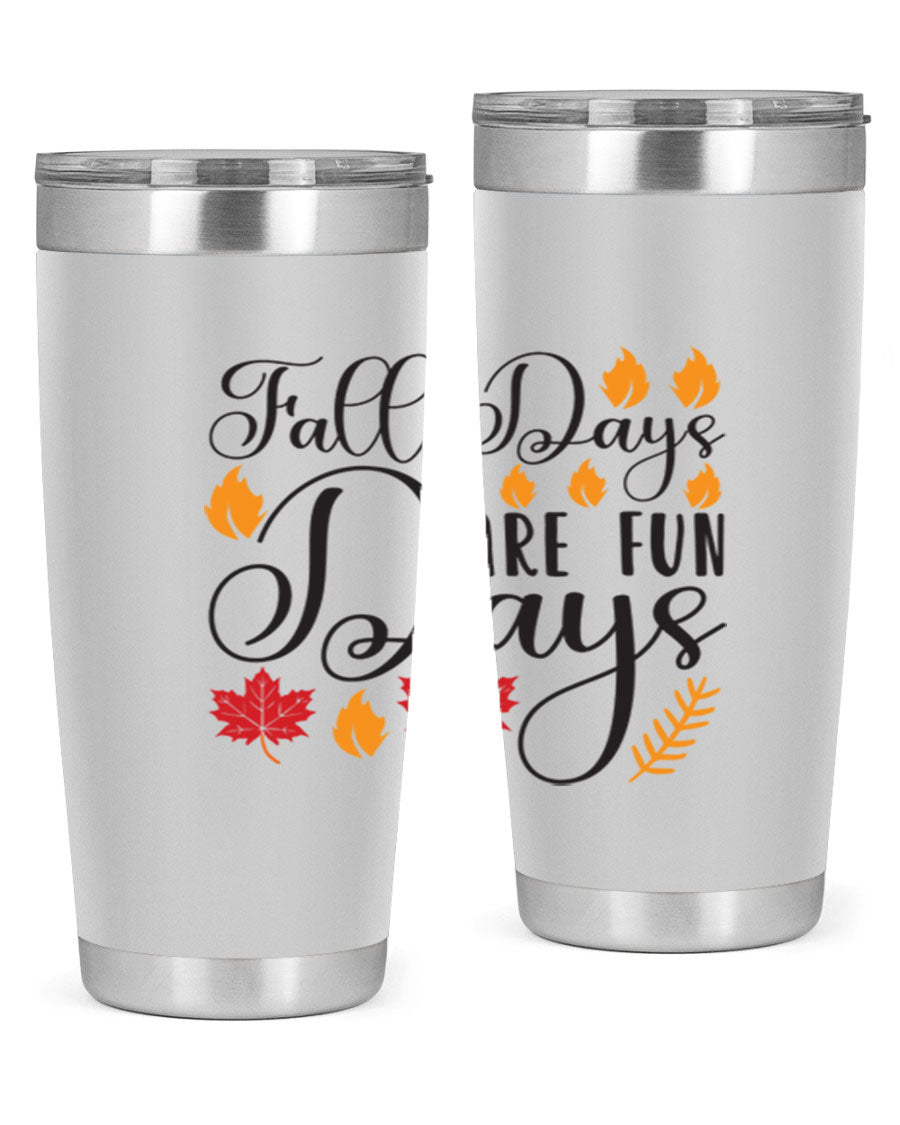 Falldaysarefundays 148# 20oz tumbler in stainless steel with a drink-thru lid, showcasing its sleek design and vibrant print.