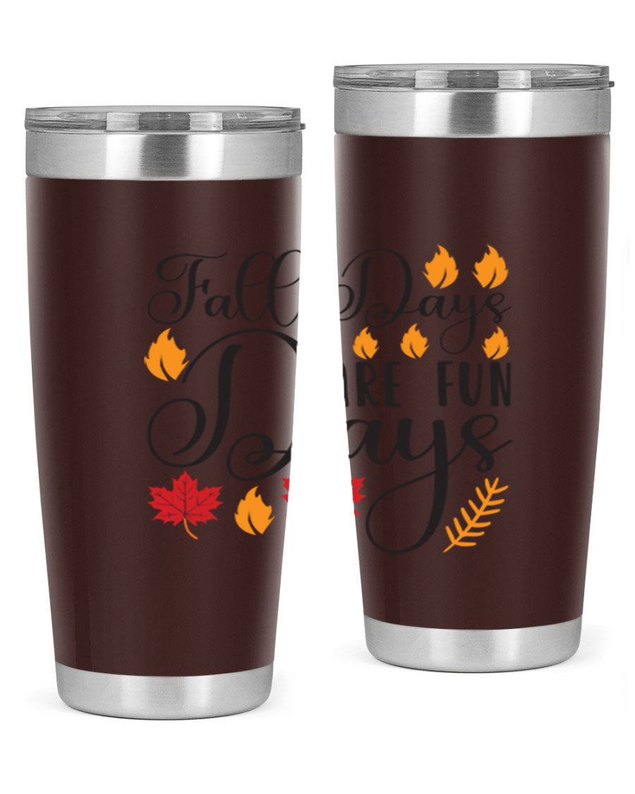 Falldaysarefundays 148# 20oz tumbler in stainless steel with a drink-thru lid, showcasing its sleek design and vibrant print.