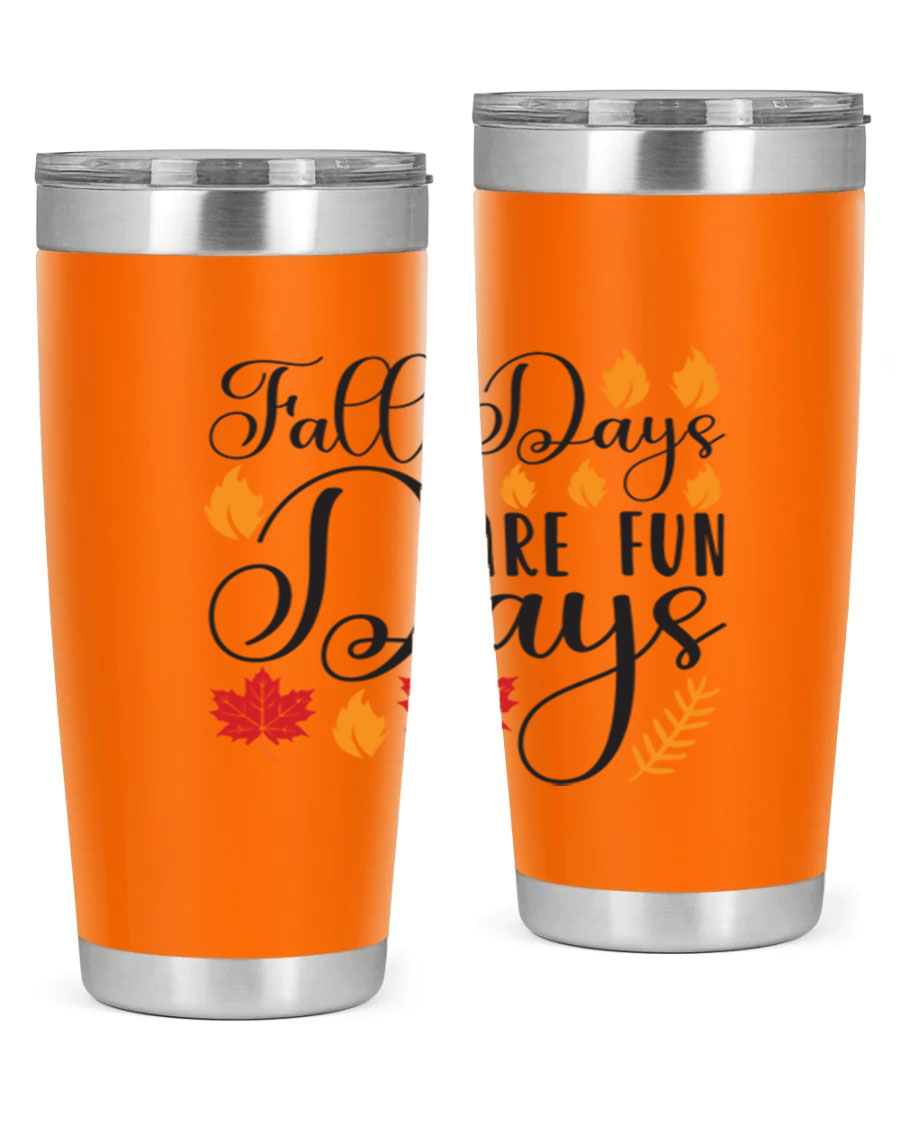 Falldaysarefundays 148# 20oz tumbler in stainless steel with a drink-thru lid, showcasing its sleek design and vibrant print.