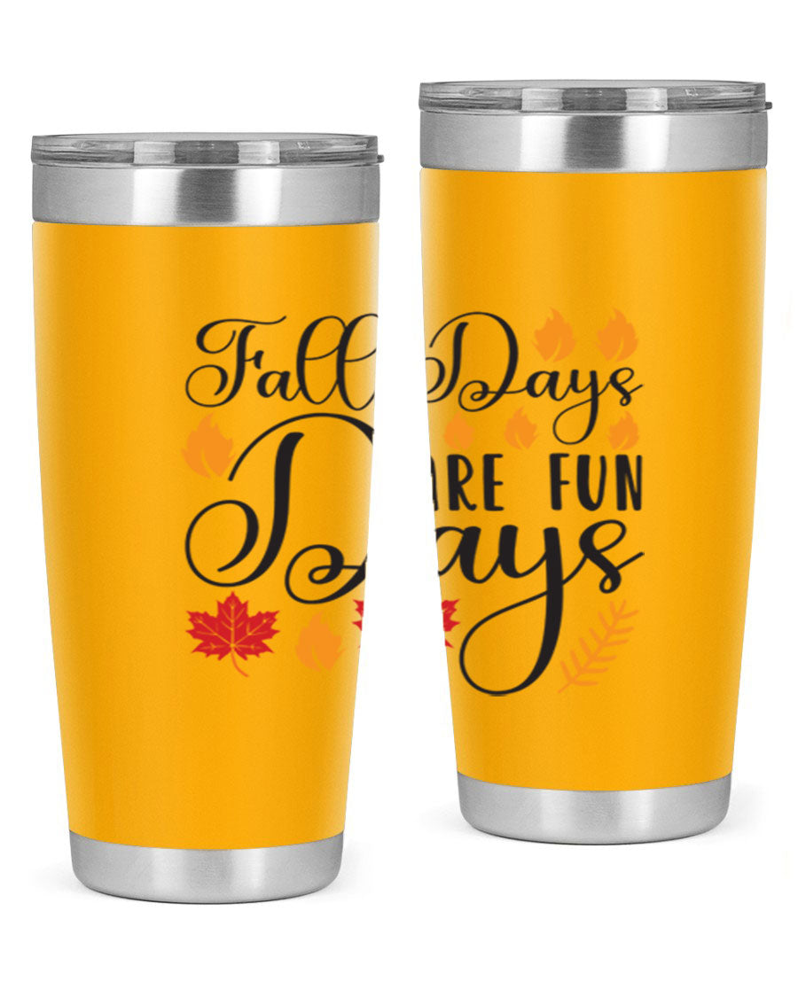 Falldaysarefundays 148# 20oz tumbler in stainless steel with a drink-thru lid, showcasing its sleek design and vibrant print.