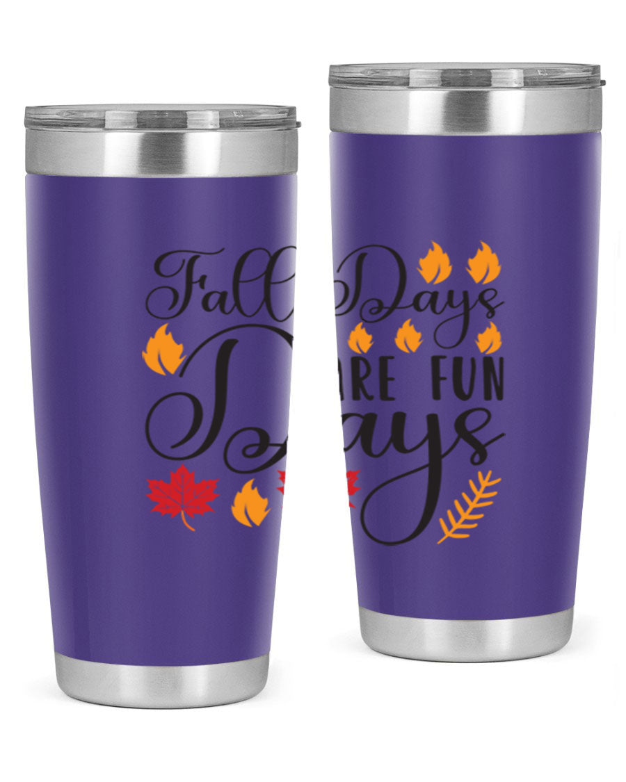 Falldaysarefundays 148# 20oz tumbler in stainless steel with a drink-thru lid, showcasing its sleek design and vibrant print.