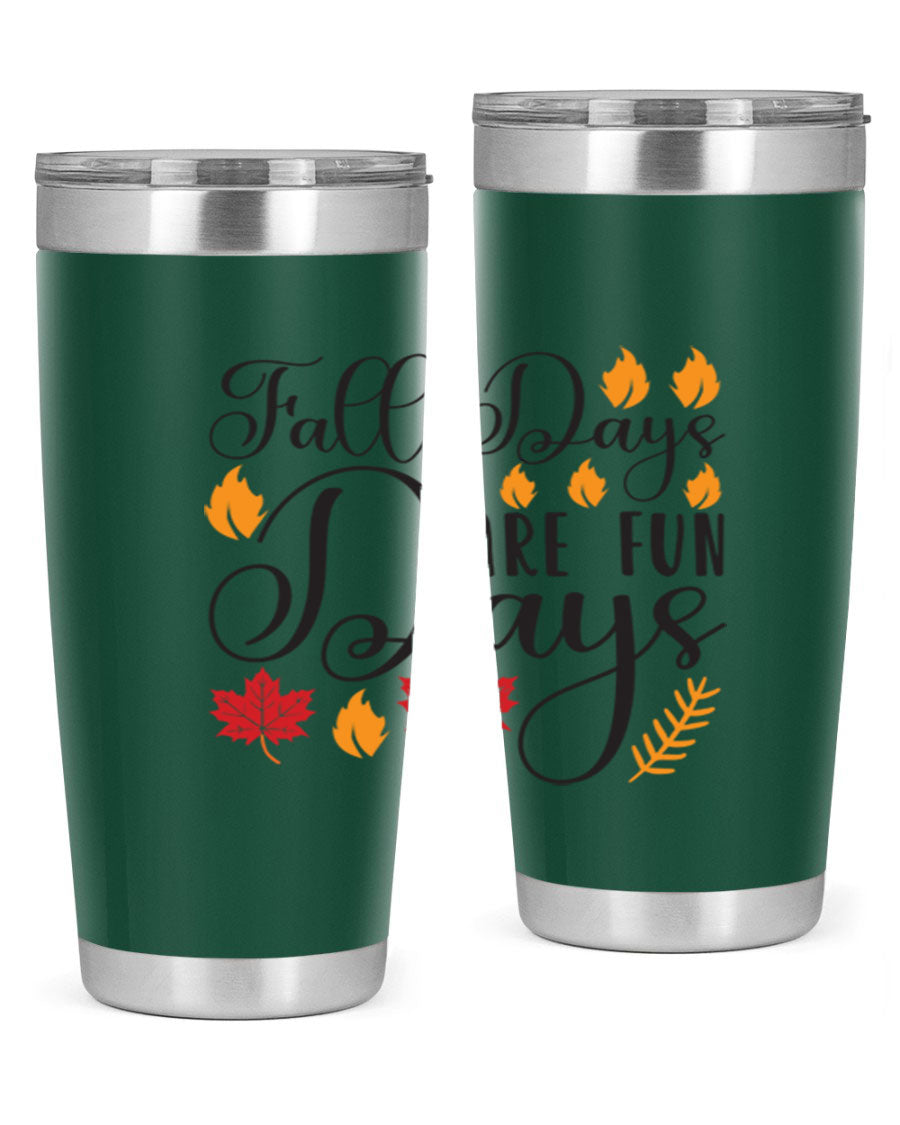 Falldaysarefundays 148# 20oz tumbler in stainless steel with a drink-thru lid, showcasing its sleek design and vibrant print.