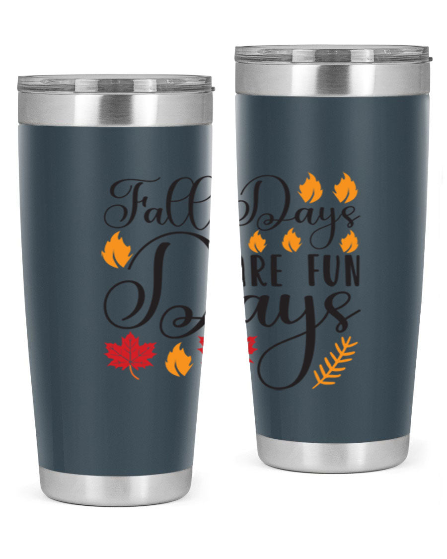 Falldaysarefundays 148# 20oz tumbler in stainless steel with a drink-thru lid, showcasing its sleek design and vibrant print.