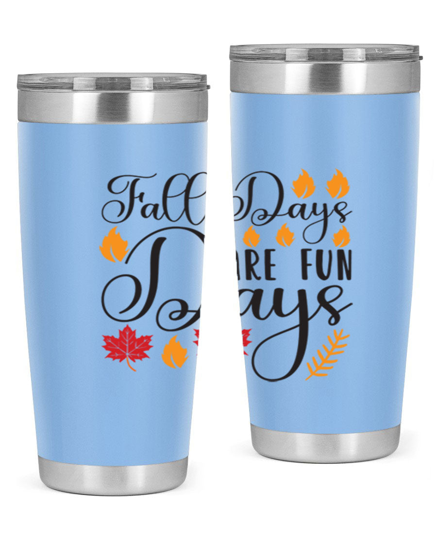 Falldaysarefundays 148# 20oz tumbler in stainless steel with a drink-thru lid, showcasing its sleek design and vibrant print.