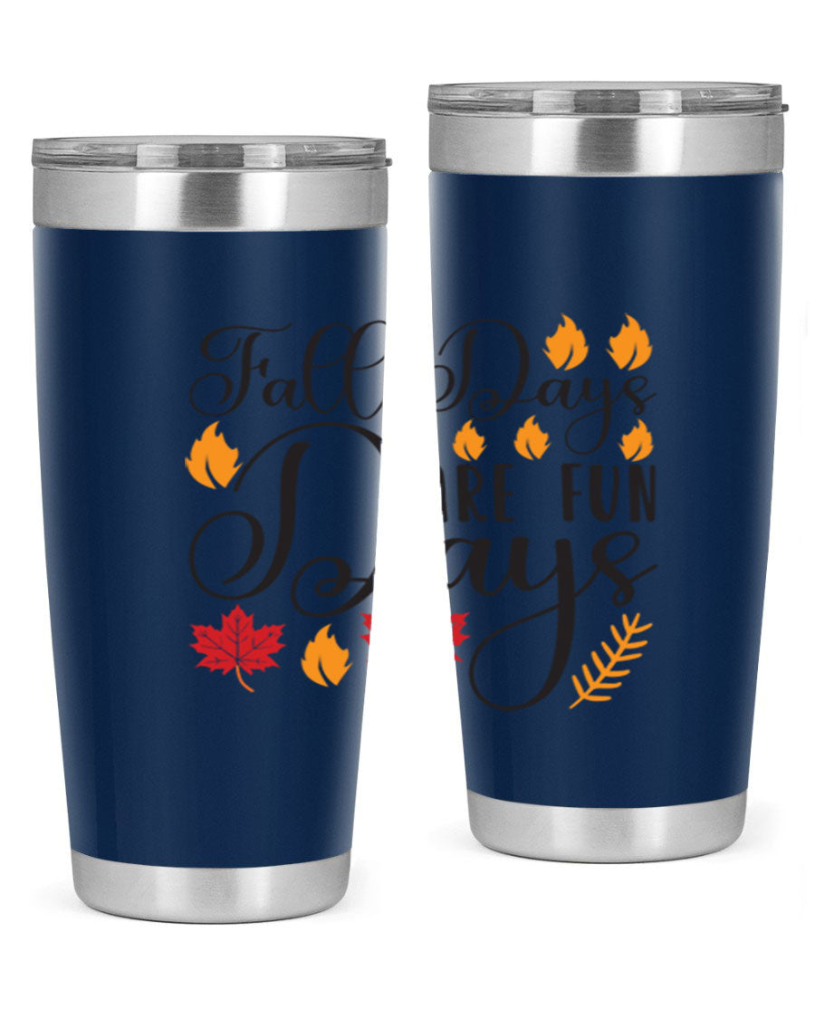 Falldaysarefundays 148# 20oz tumbler in stainless steel with a drink-thru lid, showcasing its sleek design and vibrant print.