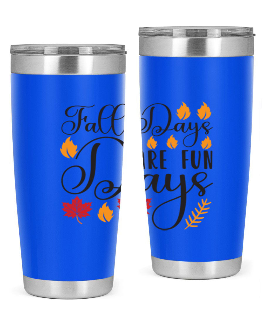 Falldaysarefundays 148# 20oz tumbler in stainless steel with a drink-thru lid, showcasing its sleek design and vibrant print.