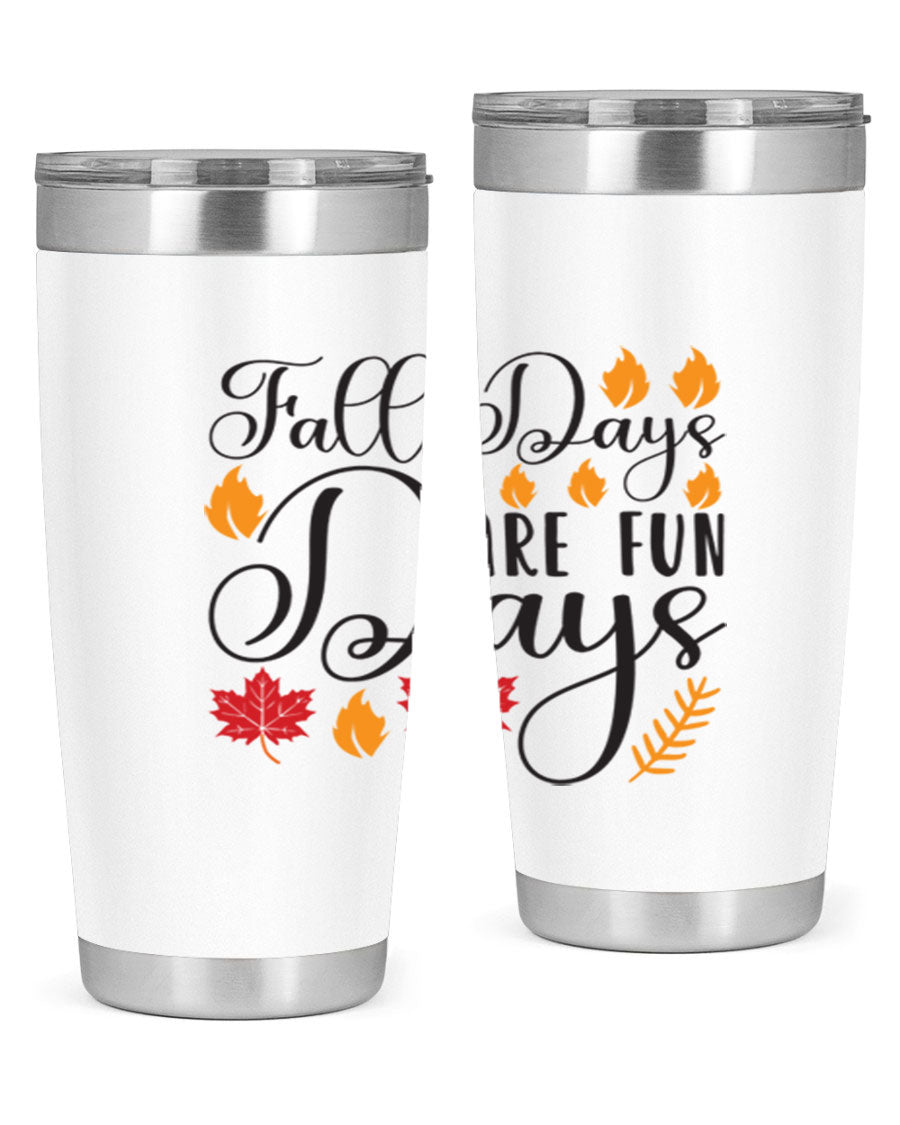 Falldaysarefundays 148# 20oz tumbler in stainless steel with a drink-thru lid, showcasing its sleek design and vibrant print.