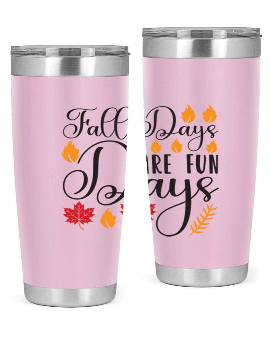 Falldaysarefundays 148# 20oz tumbler in stainless steel with a drink-thru lid, showcasing its sleek design and vibrant print.