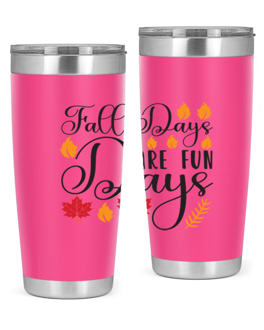 Falldaysarefundays 148# 20oz tumbler in stainless steel with a drink-thru lid, showcasing its sleek design and vibrant print.