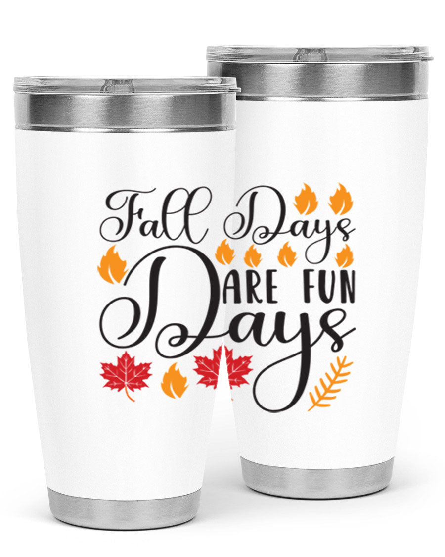Falldaysarefundays 148# 20oz tumbler in stainless steel with a drink-thru lid, showcasing its sleek design and vibrant print.