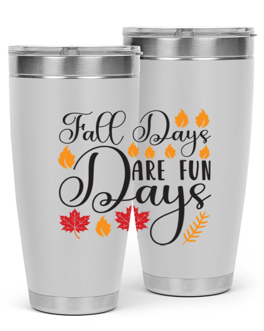 Falldaysarefundays 148# 20oz tumbler in stainless steel with a drink-thru lid, showcasing its sleek design and vibrant print.