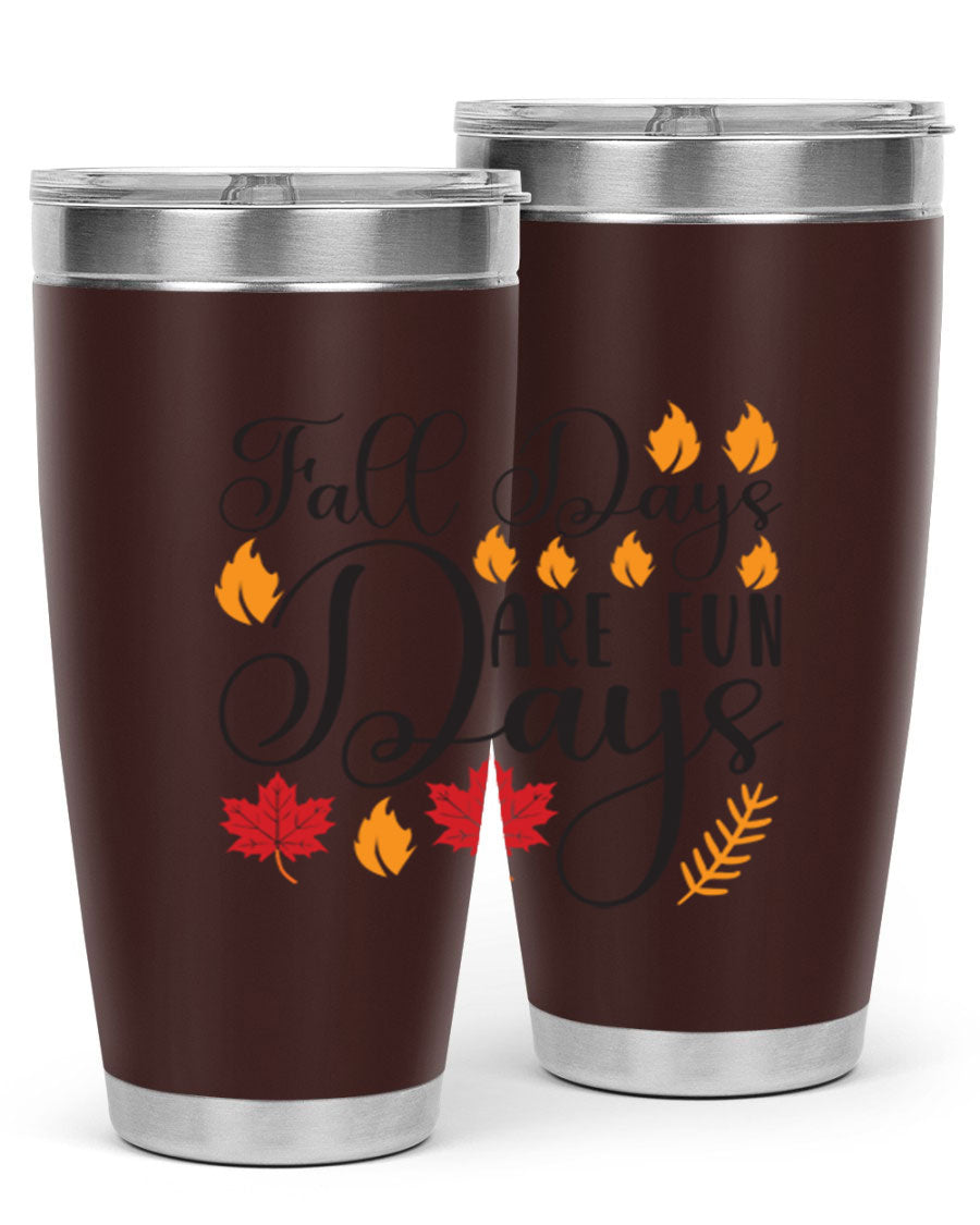 Falldaysarefundays 148# 20oz tumbler in stainless steel with a drink-thru lid, showcasing its sleek design and vibrant print.