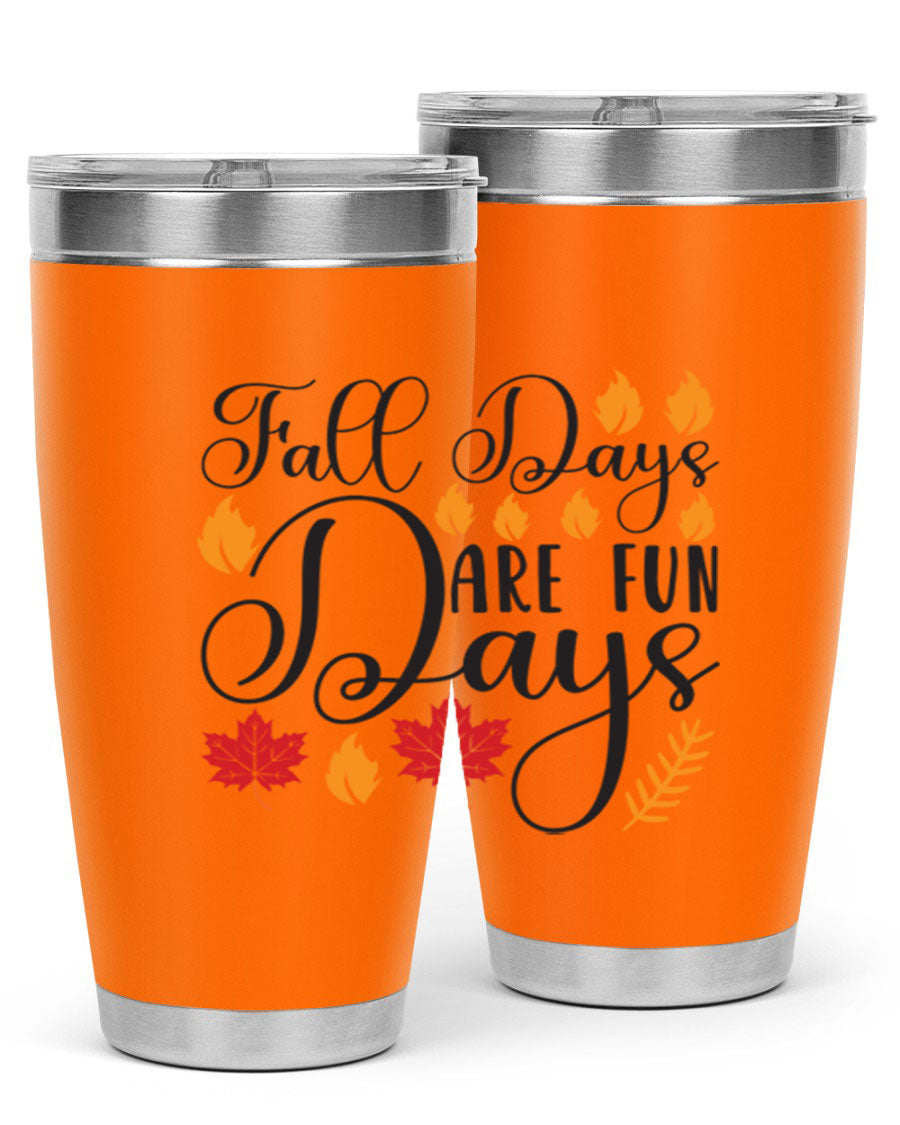 Falldaysarefundays 148# 20oz tumbler in stainless steel with a drink-thru lid, showcasing its sleek design and vibrant print.