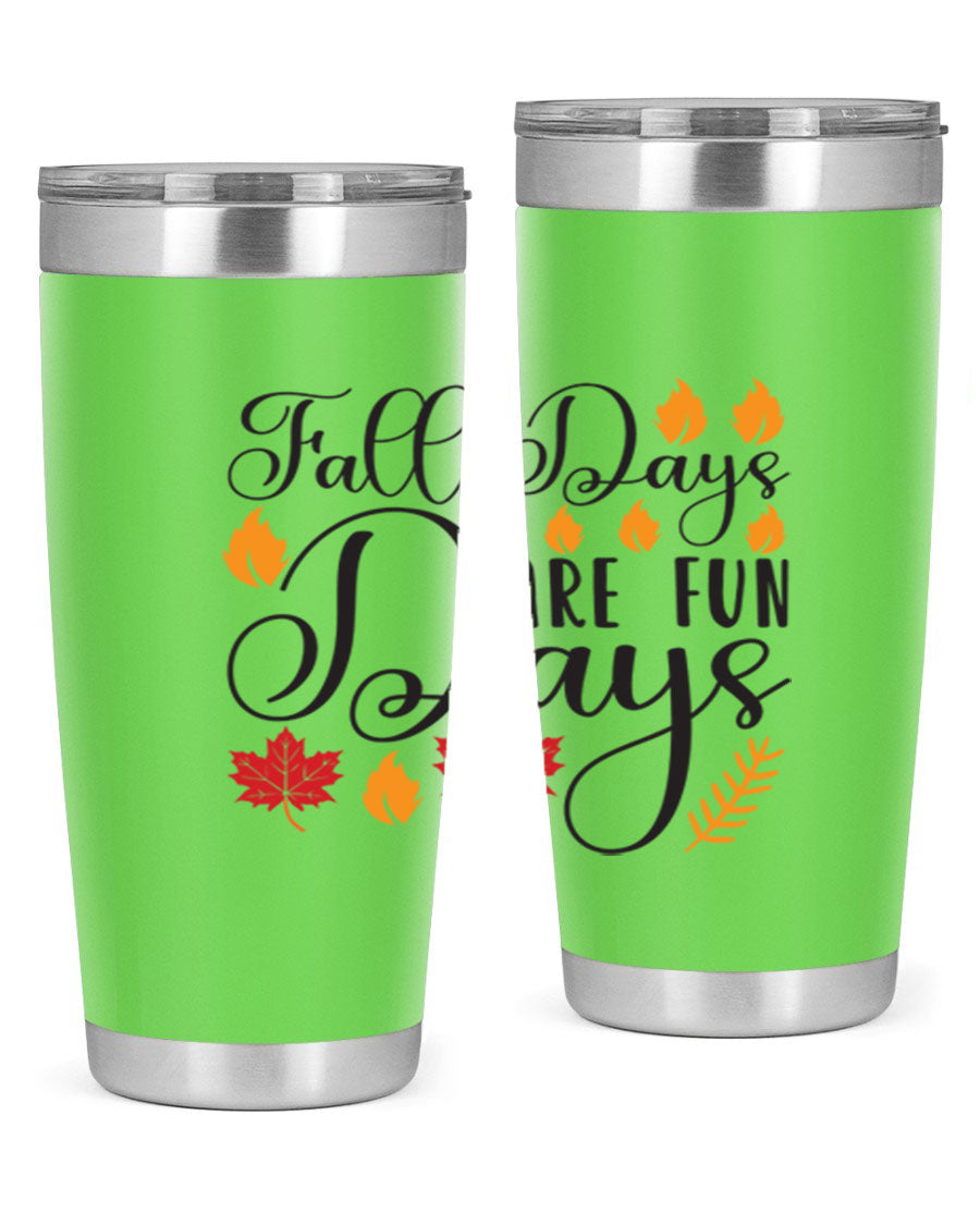 Falldaysarefundays 148# 20oz tumbler in stainless steel with a drink-thru lid, showcasing its sleek design and vibrant print.