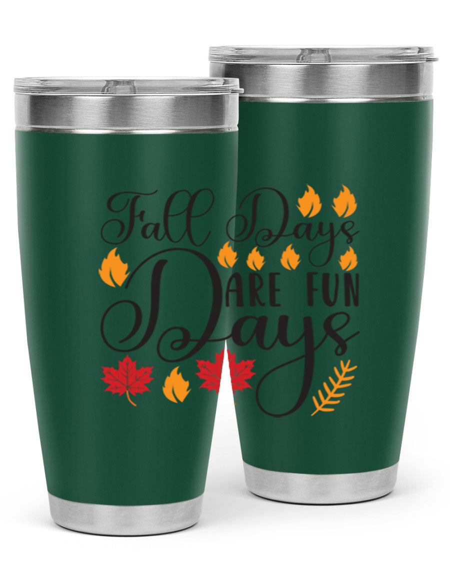 Falldaysarefundays 148# 20oz tumbler in stainless steel with a drink-thru lid, showcasing its sleek design and vibrant print.