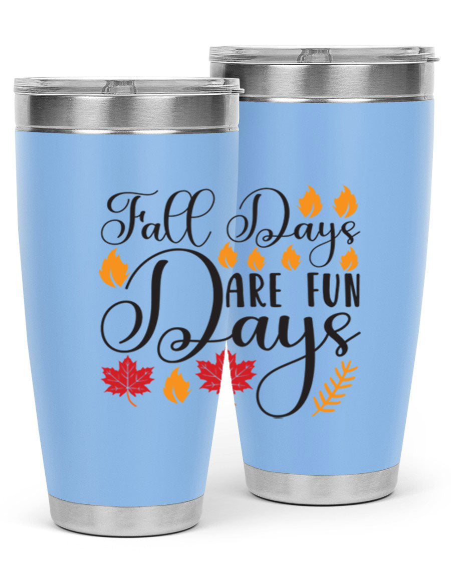 Falldaysarefundays 148# 20oz tumbler in stainless steel with a drink-thru lid, showcasing its sleek design and vibrant print.