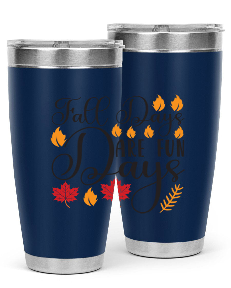 Falldaysarefundays 148# 20oz tumbler in stainless steel with a drink-thru lid, showcasing its sleek design and vibrant print.