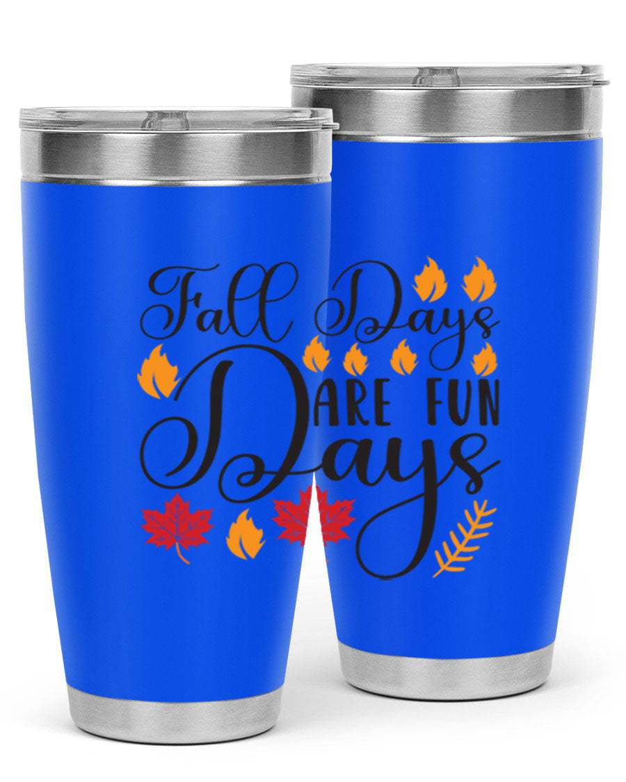 Falldaysarefundays 148# 20oz tumbler in stainless steel with a drink-thru lid, showcasing its sleek design and vibrant print.