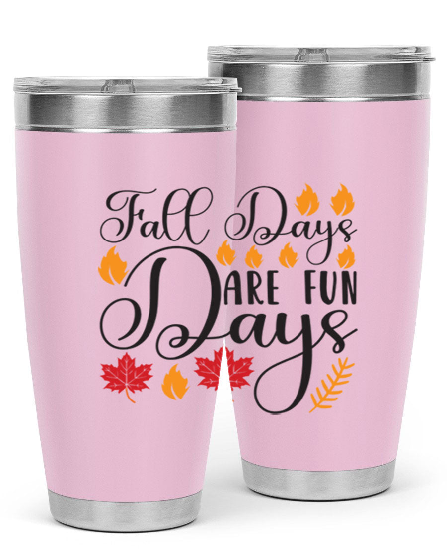 Falldaysarefundays 148# 20oz tumbler in stainless steel with a drink-thru lid, showcasing its sleek design and vibrant print.
