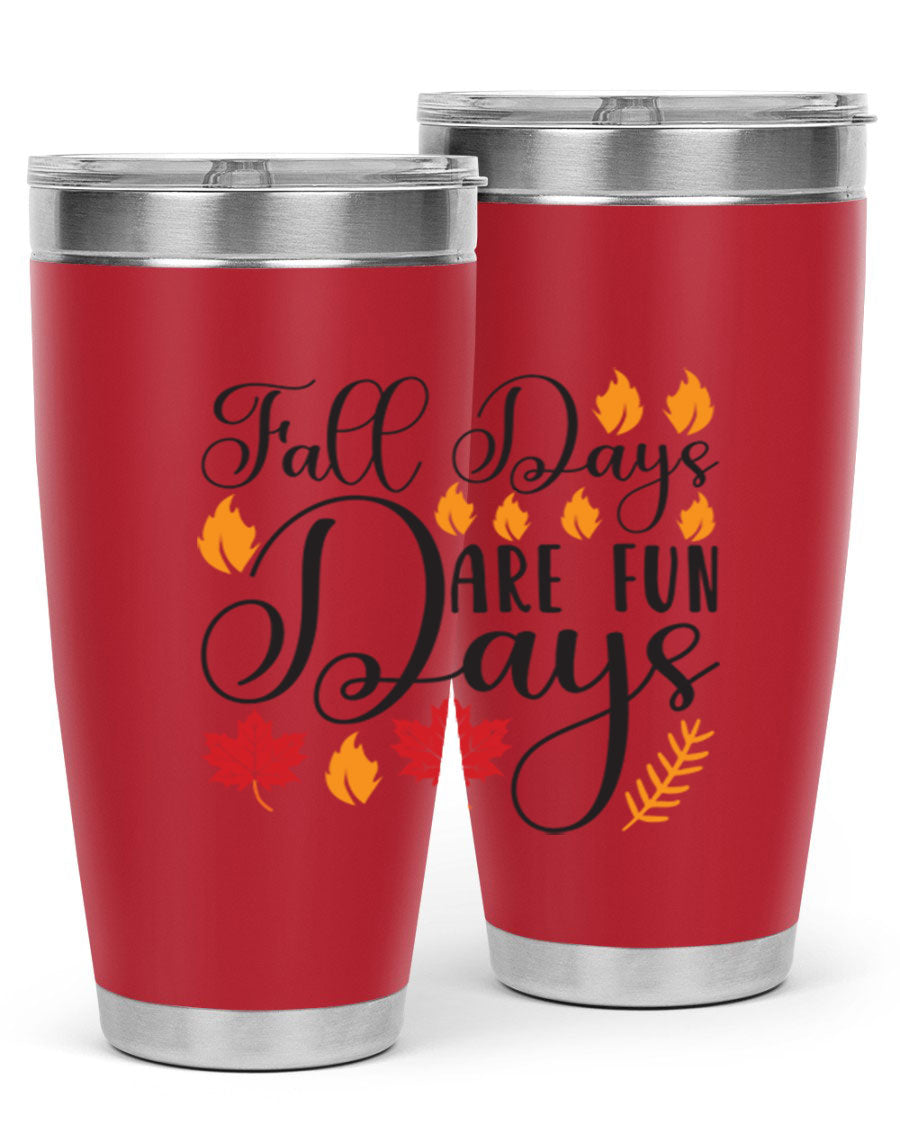 Falldaysarefundays 148# 20oz tumbler in stainless steel with a drink-thru lid, showcasing its sleek design and vibrant print.