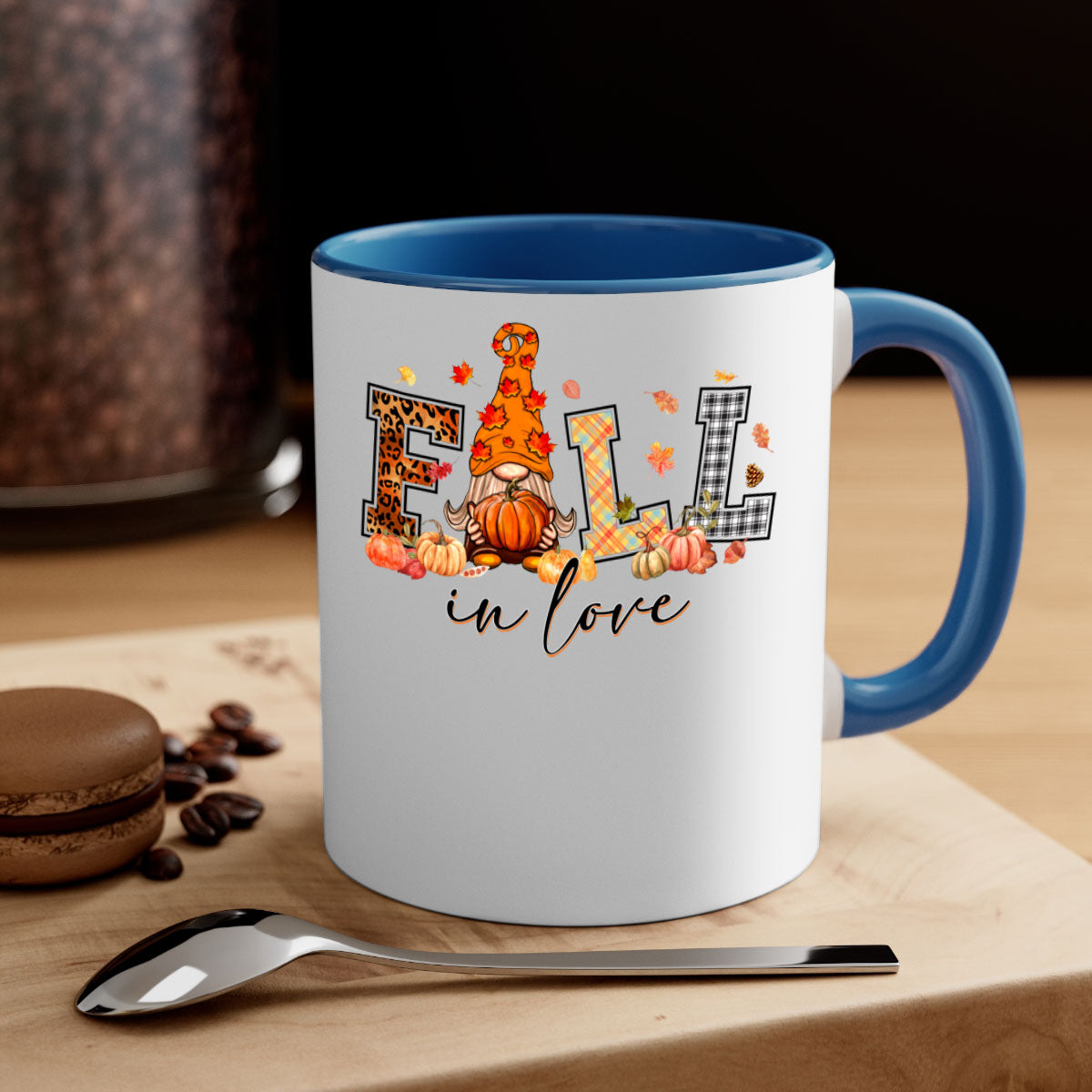 FALLinloveFallGnome 151# Mug featuring a two-tone design with a colored handle and glossy finish, perfect for coffee and tea.