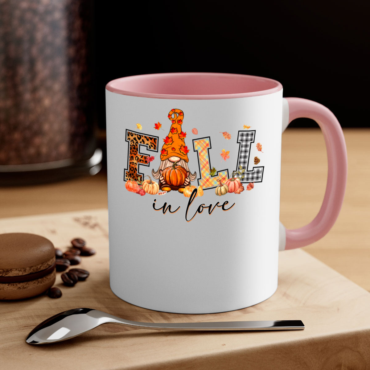 FALLinloveFallGnome 151# Mug featuring a two-tone design with a colored handle and glossy finish, perfect for coffee and tea.