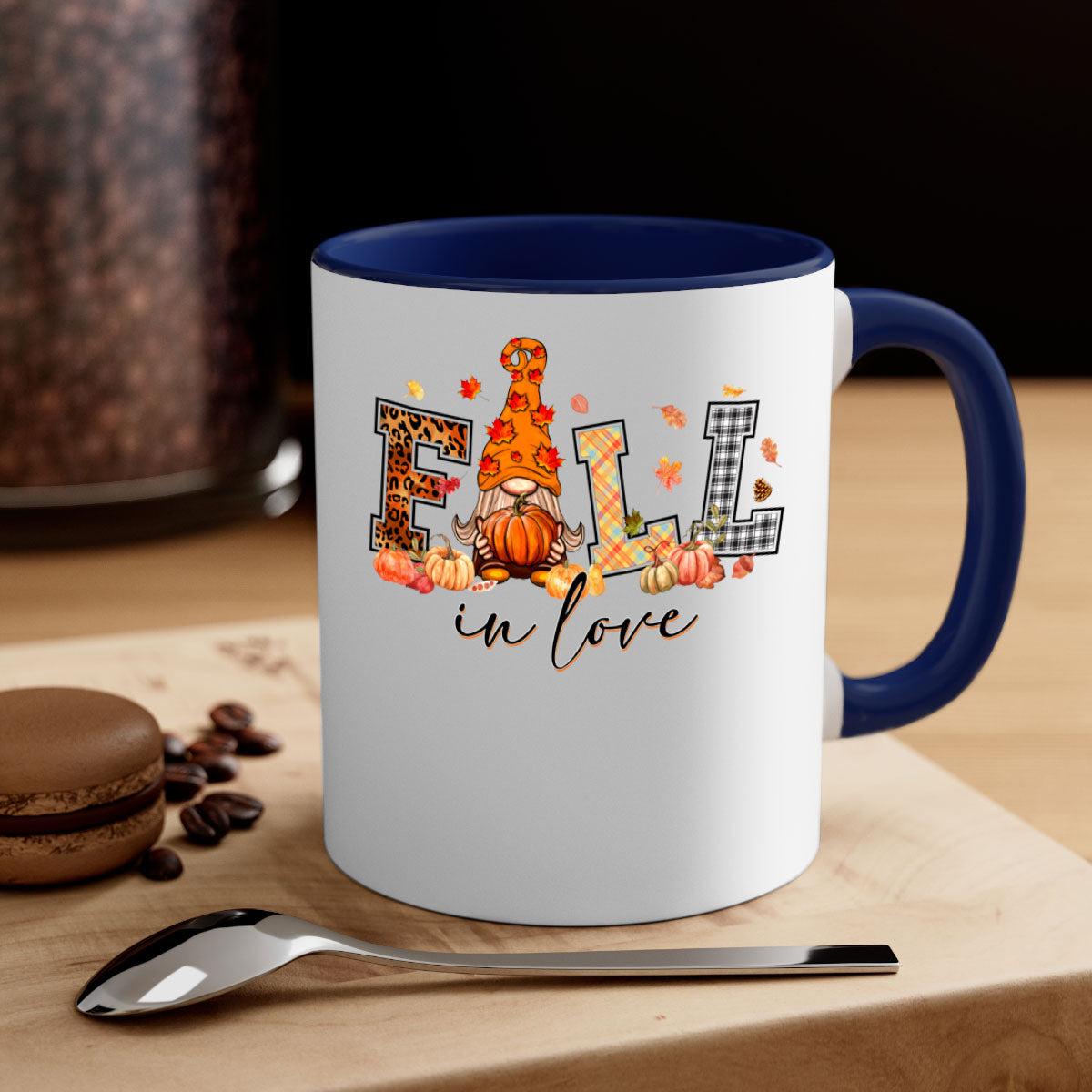 FALLinloveFallGnome 151# Mug featuring a two-tone design with a colored handle and glossy finish, perfect for coffee and tea.