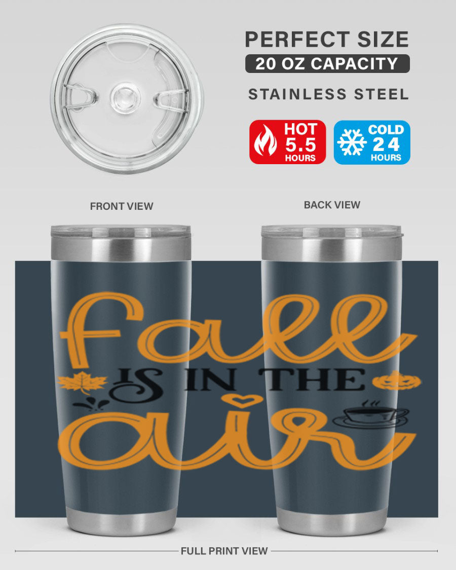 Fallisintheair 20oz tumbler made of stainless steel with a copper lining, featuring a drink-thru lid, perfect for hot and cold beverages.