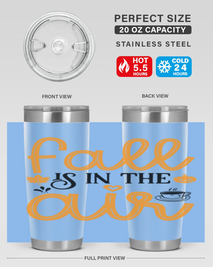 Fallisintheair 20oz tumbler made of stainless steel with a copper lining, featuring a drink-thru lid, perfect for hot and cold beverages.