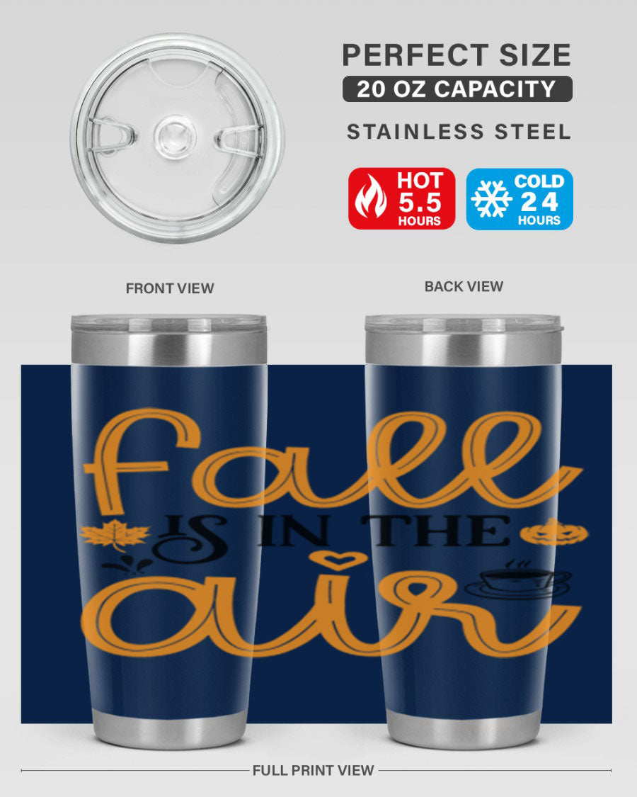 Fallisintheair 20oz tumbler made of stainless steel with a copper lining, featuring a drink-thru lid, perfect for hot and cold beverages.