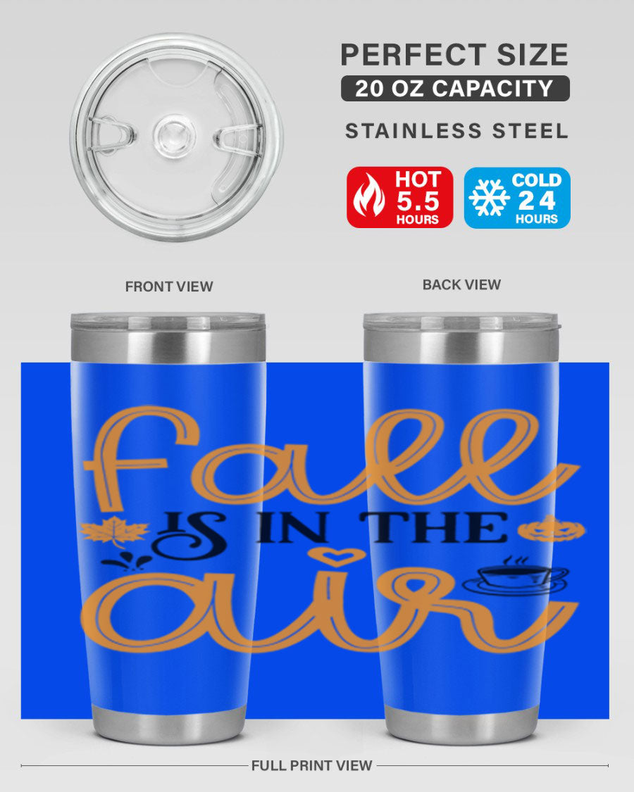 Fallisintheair 20oz tumbler made of stainless steel with a copper lining, featuring a drink-thru lid, perfect for hot and cold beverages.