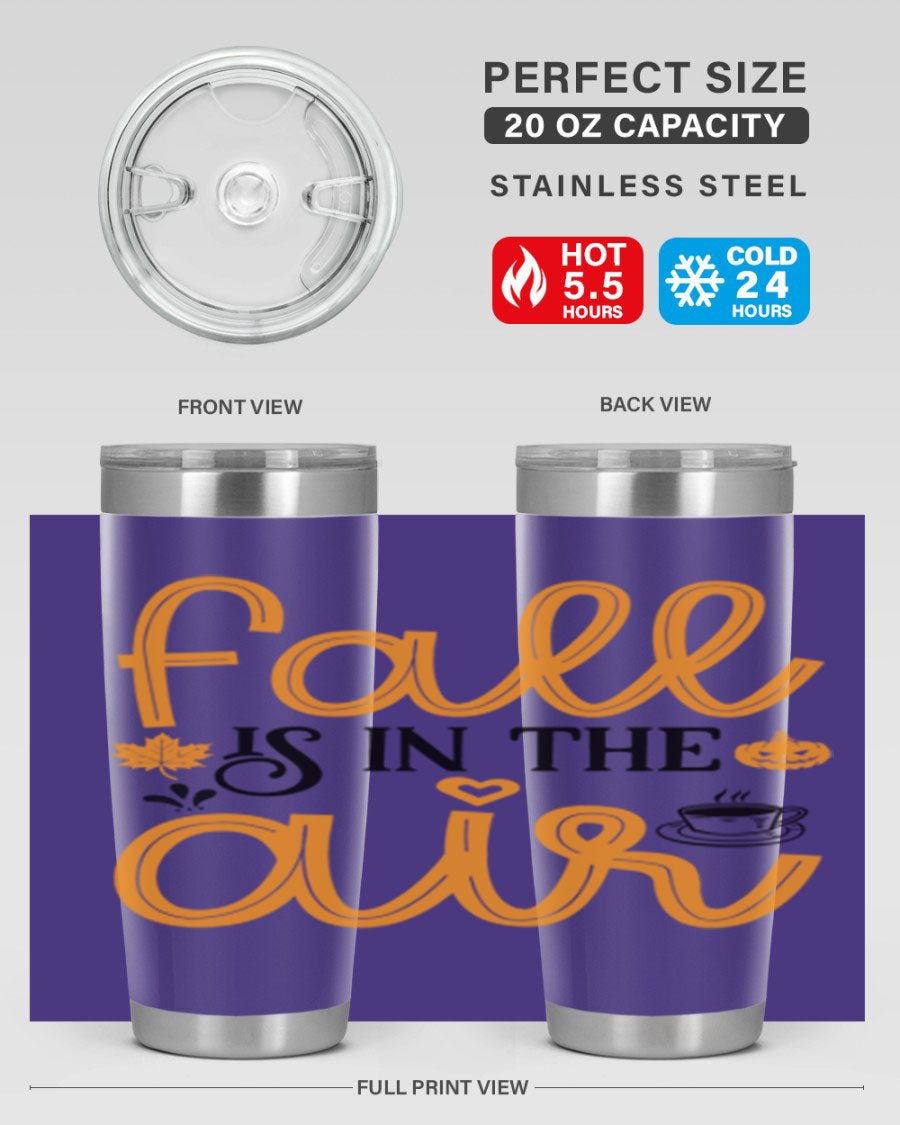 Fallisintheair 20oz tumbler made of stainless steel with a copper lining, featuring a drink-thru lid, perfect for hot and cold beverages.