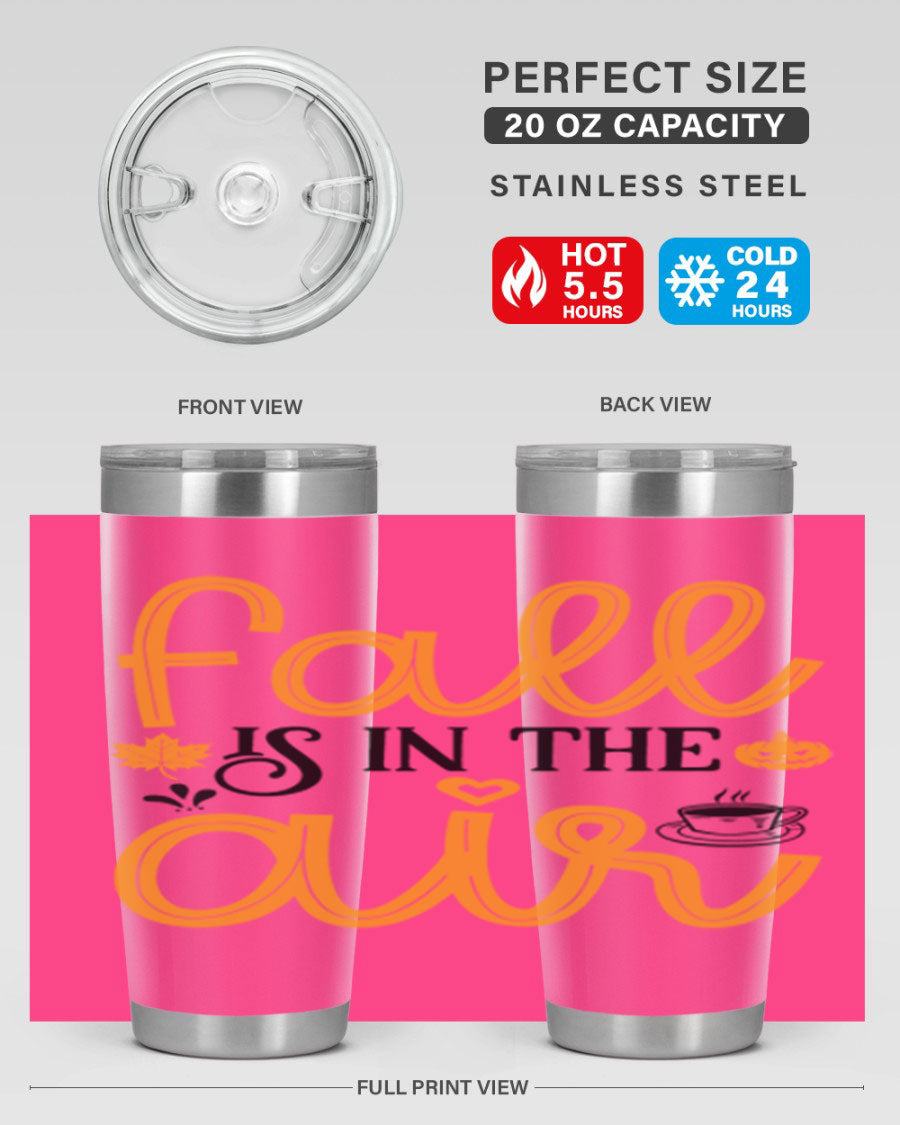 Fallisintheair 20oz tumbler made of stainless steel with a copper lining, featuring a drink-thru lid, perfect for hot and cold beverages.