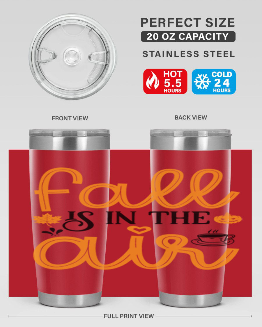 Fallisintheair 20oz tumbler made of stainless steel with a copper lining, featuring a drink-thru lid, perfect for hot and cold beverages.