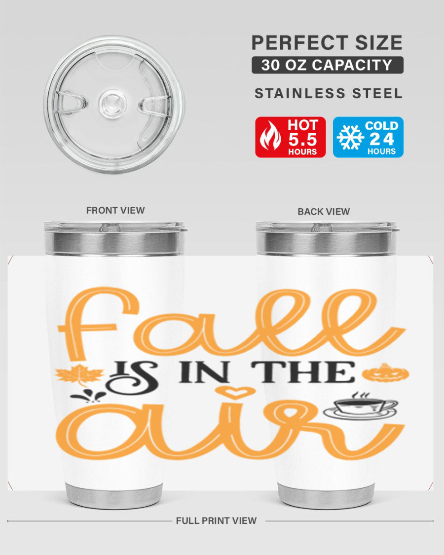 Fallisintheair 20oz tumbler made of stainless steel with a copper lining, featuring a drink-thru lid, perfect for hot and cold beverages.