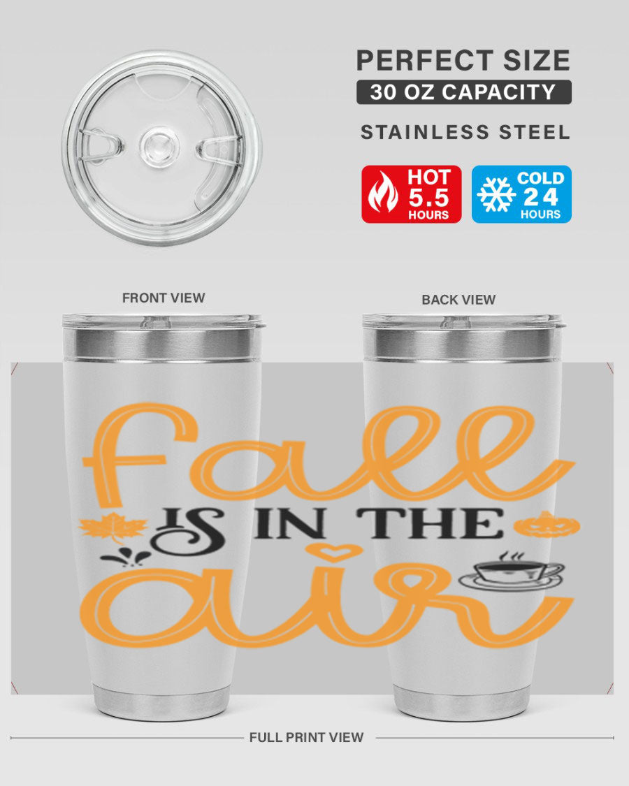 Fallisintheair 20oz tumbler made of stainless steel with a copper lining, featuring a drink-thru lid, perfect for hot and cold beverages.