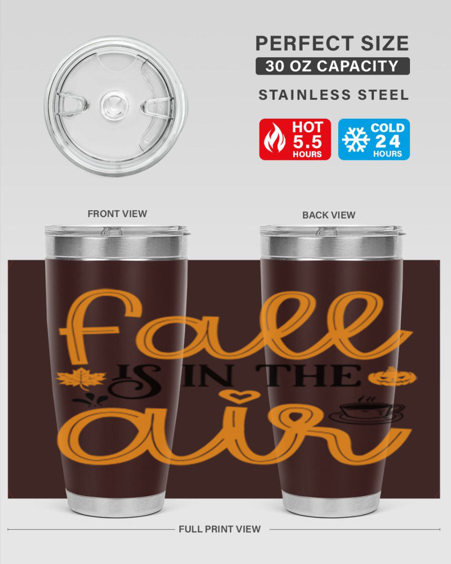 Fallisintheair 20oz tumbler made of stainless steel with a copper lining, featuring a drink-thru lid, perfect for hot and cold beverages.