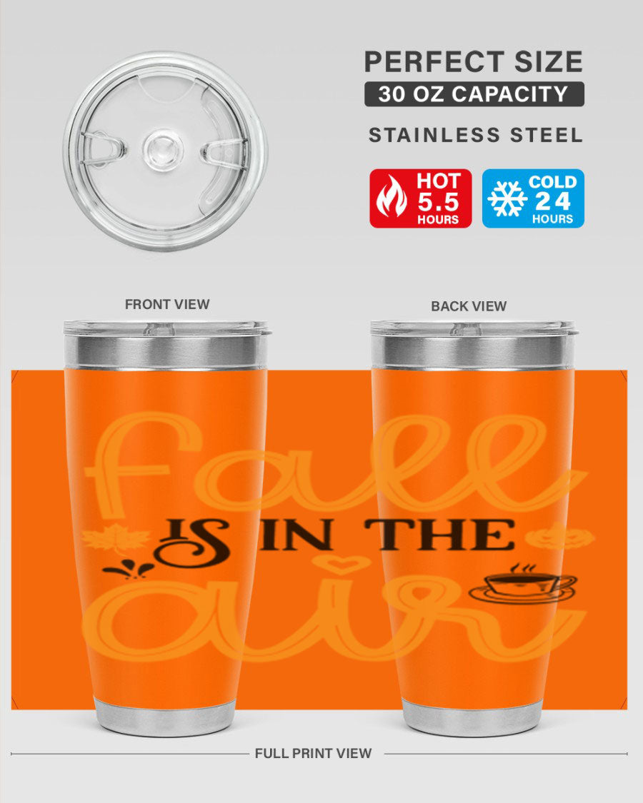Fallisintheair 20oz tumbler made of stainless steel with a copper lining, featuring a drink-thru lid, perfect for hot and cold beverages.