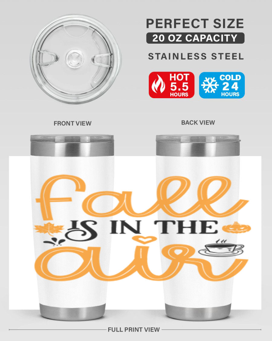 Fallisintheair 20oz tumbler made of stainless steel with a copper lining, featuring a drink-thru lid, perfect for hot and cold beverages.